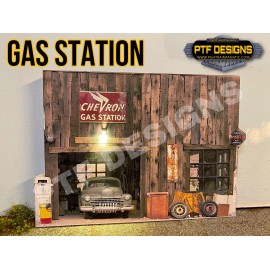 PTF DESIGNS O Scale GAS STATION Building Flat w/LED - Scratch Built - MTH Lionel