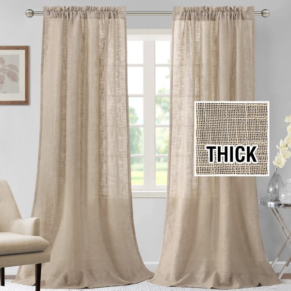 H.VERSAILTEX Linen Curtains 96 inches Long Natural Linen Blended Curtains for Living Room Burlap Linen Textured Curtains Light Filtering Rod Pocket Curtains Bedroom Curtains 2 Panel Sets, Angora