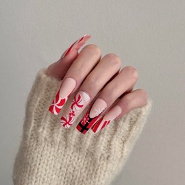 24 Pcs Christmas Press on Nails - Long Square Press on Nails Acrylic Nail Kit Fake Nails French Press on Nails Gel X Nail Kit Red Press on Nails Snowflake Pattern Designs for Young Girls Present