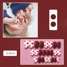 Red Heart Press on Nails Short Square Valentine’s Day Fake Nails Full Cover Glue on Nails with Design Love Heart Red White Glossy Artificial Stick on Nails False Nails for Women Girls 24Pcs