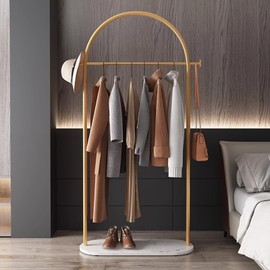 ZEYEXE Gold clothing rack with Marble base. metal clothes racks for hanging clothes,heavy duty garment rack,Freestanding Coat Rack with 2 Hooks,for Bedroom, Bathroom, Living Room easy to assemble