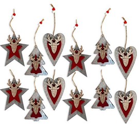 by Robelli Shabby Chic Wooden Christmas Tree Hanging Pendant Baubles Decorations (12 x Red/Grey 3D Decorations)