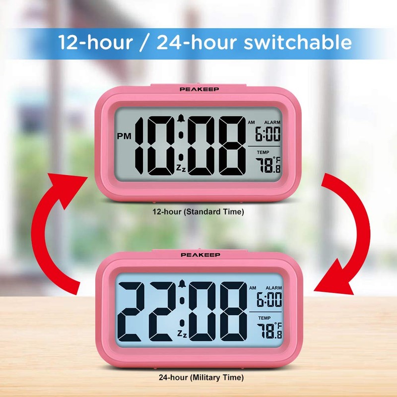 Peakeep Night Light Alarm Clock Battery Operated with Indoor Temperature,