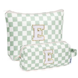 Narwey Checkered 2 Piece Personalized Initial Makeup Bag Cosmetic Bags, 6 8 10 11 12 13 14 16 18 Years Old Birthday Gifts for Women Teen Girl Gifts Trendy Stuff, Travel Toiletry Bag (Green Letter E)