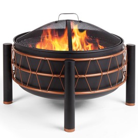 VonHaus Fire Pit – 2 in 1 Firepit with BBQ Cooking Grill for Outdoor, Garden, Patio – Black Steel with Copper Detail, Fire Poker & Mesh Cover Included – Use Wood or Charcoal to Fuel