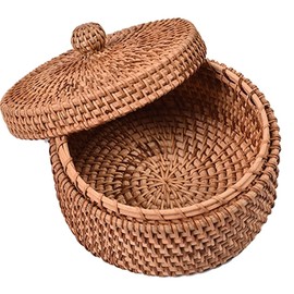 Small Rattan Basket Organizer with Lid for Bread, Woven Food Snacks Basket, Multipurpose Storage Basket for Cotton Swabs, Round Controller Table Organizer Box