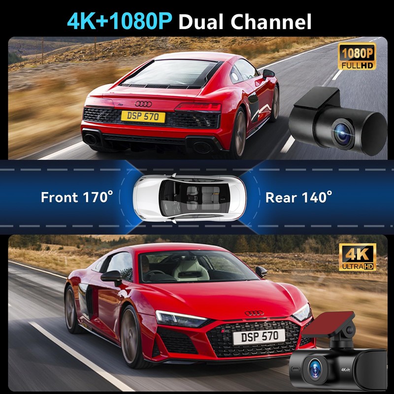 4K Dual Dash Cam Front and Rear, 4K+1080P Dashcam with