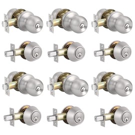Knobonly Contractor Pack of 6 Set, Entry Door Knobs and Double Cylinder Deadbolt, Satin Nickel Finish, Keyed Alike Door Handle Set with Same Keys, Combo Pack for Front Doors-Keyed on Both Side