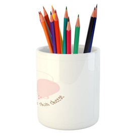 Ambesonne I Love You More Pencil Pen Holder, Pink Rats with Tangled Tails Forming a Heart Valentines, Printed Ceramic Pencil Pen Holder for Desk Office Accessory, Pale Pink Cocoa Yellow