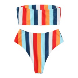 SweatyRocks Women's Bathing Suits Striped Bandeau Bikini high Waisted Swimsuits Swimwear Set, Multi-3, Medium