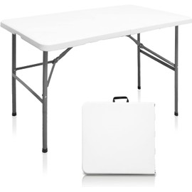 A AIKOOL 4FT Heavy Duty Plastic Folding Table Indoor Outdoor | Portable Fold-in-Half w/Carry Handle for Camping, Party, Dining (White)