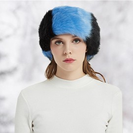 Furry Headband Women, Faux Fur Warm Hairband Elastic Ear Warmer Attractive Wide Headband Winter Outdoor Skiing (Black&Blue)