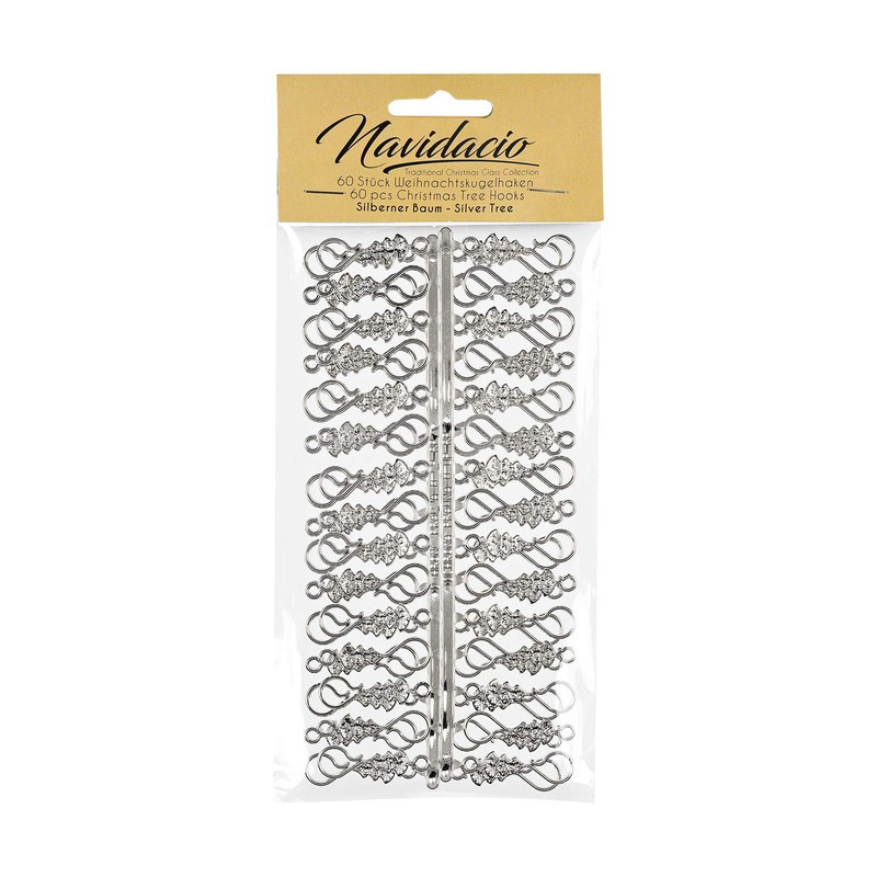 Pack of 60 Christmas Baubles Hooks Chrome Silver Christmas Tree
