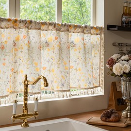 Deeprove Boho Valance 18 Inch Long for Windows Cafe Kitchen Modern Watercolor Botanical Gold Yellow Florals Print Curtain with Fringe Small Short Treatment for Fall Decorative 1 Panel 52W x 18L