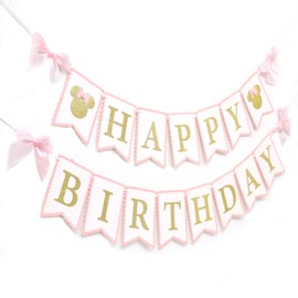 Minnie Mouse Happy Birthday Banner - Minnie Mouse Birthday Decorations, Pink And Gold Banner, Bow Girl 1st Pink Decor (banner)
