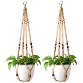 Mkono Macrame Plant Hanger Indoor Hanging Planter Basket with Wood Beads Decorative Flower Pot Holder No Tassels for Indoor Outdoor Boho Home Decor 35 Inch, Brown, Set of 2