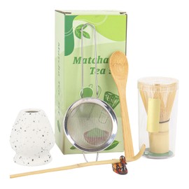 Matcha Whisk Set of 6 – Matcha Set with Whisk, Scoop, Spoon, Sifter & Ceramic Holder –Matcha Making Kit(White-02)
