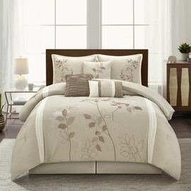 7-Piece Botanical Floral Comforter Set California King Size | Modern Eclectic Boho Bedding | Half White Ivory Beige Sable Brown Nature Colors | Contemporary Mid-Century French Country Soft Smooth