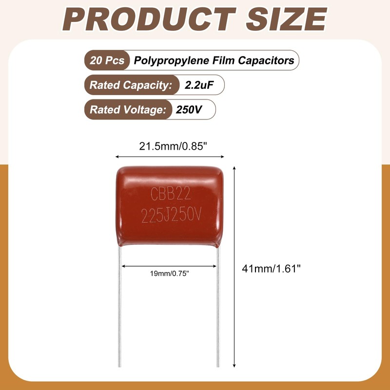 sourcing map 20 Pcs Metallized Polypropylene Film Capacitors, CBB22 250V