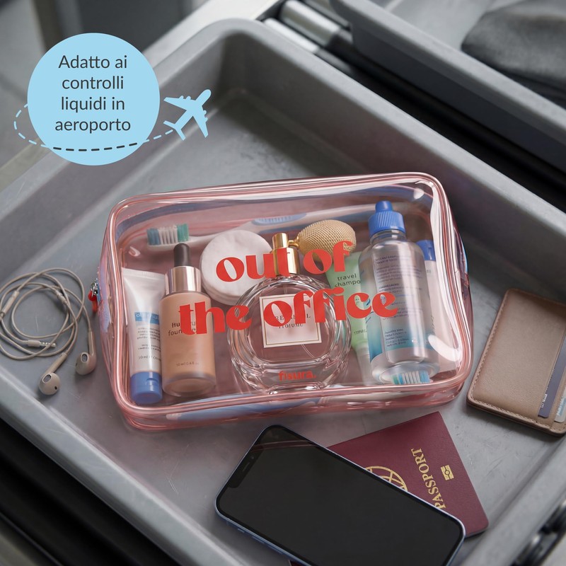 Fisura – Beauty case trasparente "out of the Office" rosa.
