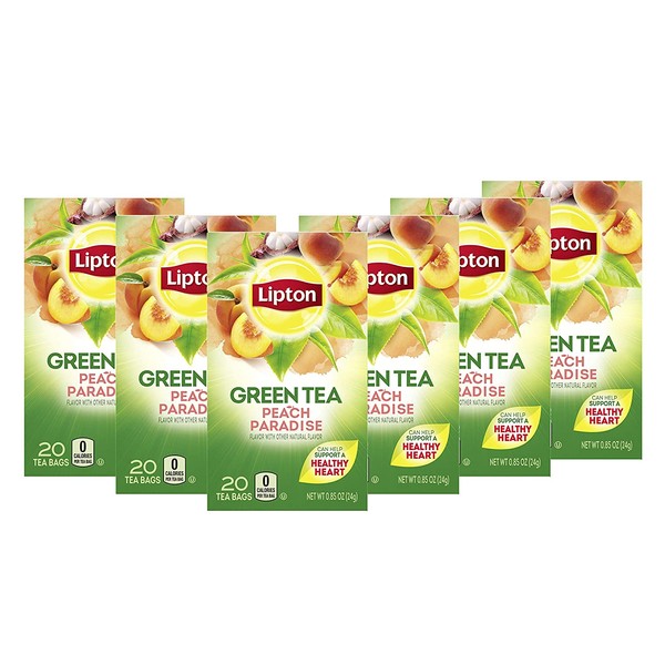 Lipton Green Tea Bags Flavored with Other Natural Flavors Peach Paradise Can Help Support a Healthy Heart 1.13 oz 20 Count, Pack of 6