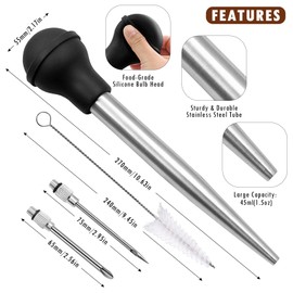 Casbomy Turkey Baster with Cleaning Brush, Stainless Steel Baster Tool for Cooking Baster Syringe for Roaster Turkey, Include 2 Meat Marinade Injector Needles for Thanksgiving