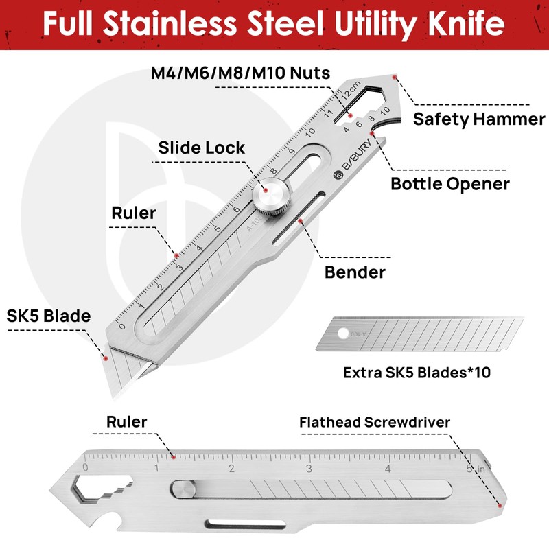 BIBURY 2 Pack Mutipurpose Utility Knife, Heave Duty Full Stainless