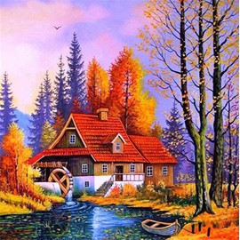 Meecaa Cross Stitch Kits 11 Count Embossed Autumn Landscape House Villa Lake Embroidery Kit with Accessories Pre-Printed (50x50cm) (Autumn)