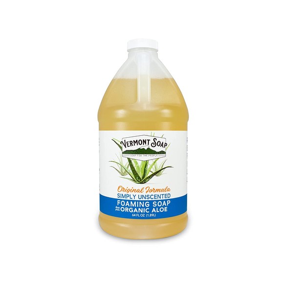 VERMONT SOAP Organic Unscented Foaming Hand Soap - Natural Moisturizing Soap for Dry Skin - Fragrance Free Liquid Bathroom Hand Soap - Simply Unscented - 64 oz