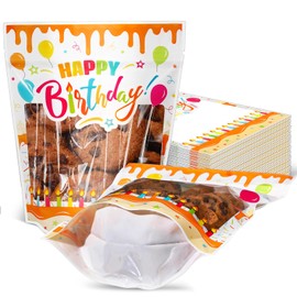 Teenyyou 50 Pcs Happy Birthday Stand up Pouch Bags Novelty Cookie Candy Goodies Gift Bags for Birthday Party Favor Supplies, 8 x 6.5 x 2.5 Inch