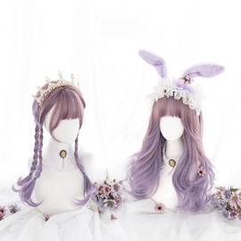 ekienn Pink x Purple Gradation, Long Wave, Full Wig, Lolita, Curly Hair, Long Wave, Purple Wig, Natural, Full Wig, Face-Minimizing Effect, Cute, Wig, Cosplay, Halloween, Parties, Everyday Events