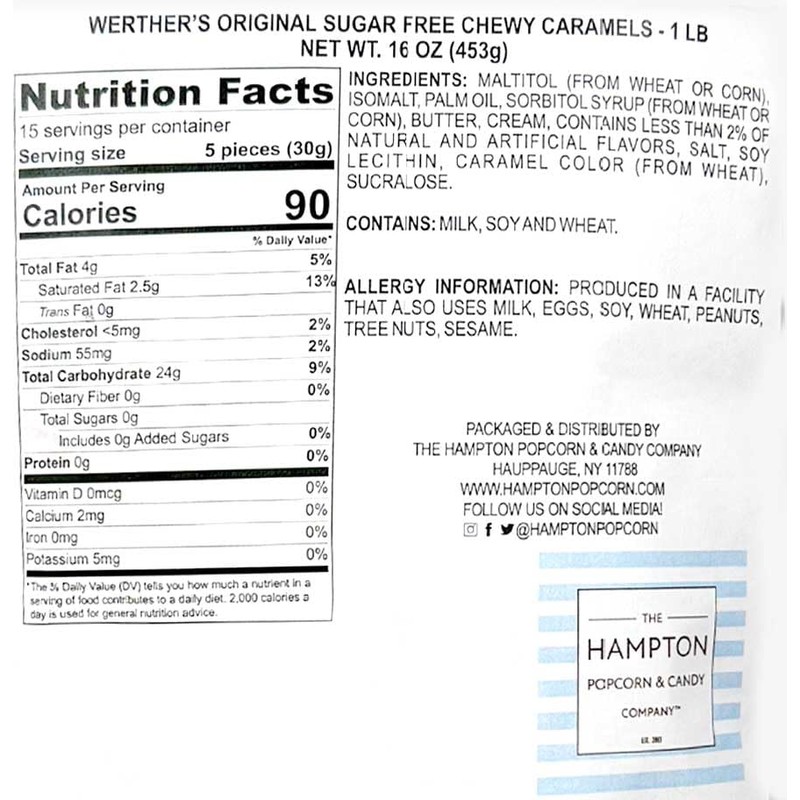 Werthers Sugar Free Chewy Caramels, 1 Pound Bulk Bag, Individually