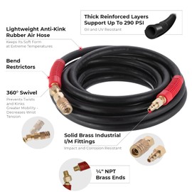 INTERTOOL Ultra-Durable 25ft Rubber Air Hose, 3/8” Diameter, Heavy Duty Reinforced Lining, Kink-Resistant Design, All-Weather, Industrial Brass Fittings, Quick Coupler, I/M Plug PT08-1734
