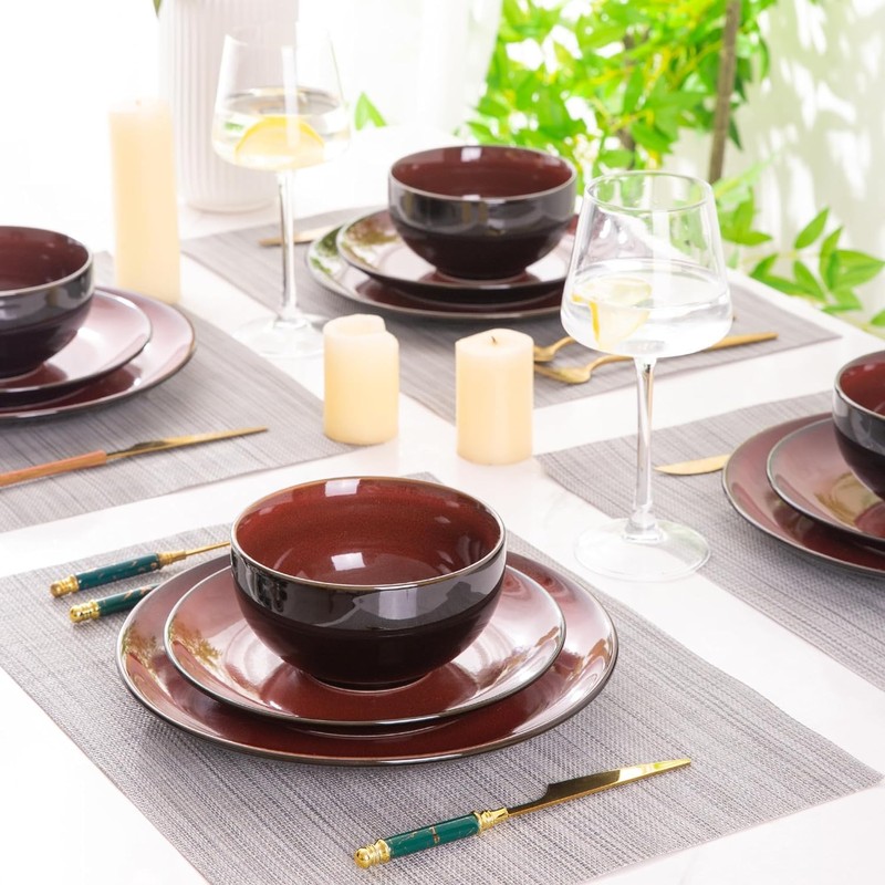 LeRatio Ceramic Dinnerware Sets for 6,Stoneware Plates and Bowls Sets,Handmade