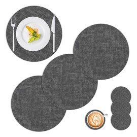 Syrads Placemats and Coaster Set of 4,Table Mats Round Waterproof Kitchen Place Mats Coffee Mats for Kitchen Dinning Restaurant,Dark grey