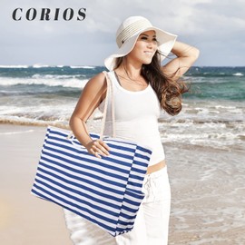 CORIOS Extra Large Beach Bag XXL Family Shopper Shoulder Bag Beach Bag with Anti-Theft Magnetic Buckle Handbag Summer Bags Women for Beach Pool Gym Travel, Blue and white stripes