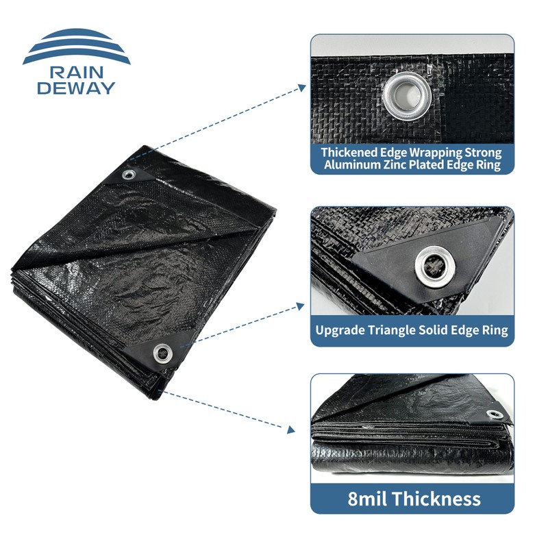 RAINDEWAY Black Tarp 6x8 Feet, UV Resistant, 8 Mil Multipurpose