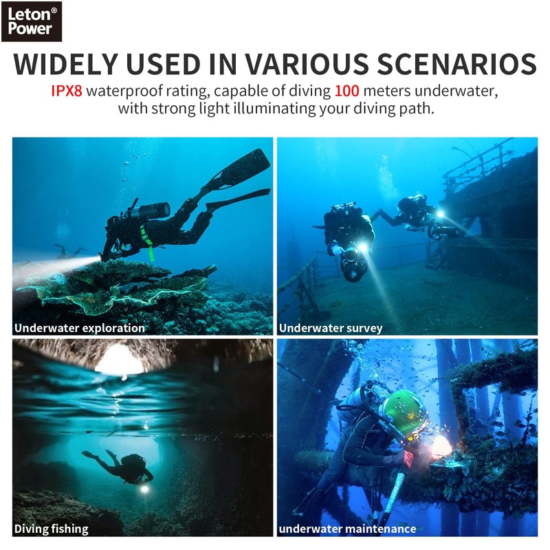 ダイビングライト、LetonPower 5000 Lumens 水中ライト,100mスキューバ ライト, タイプC充電 ダイビング 水中ライト、スポットライトロングショットダイビング ライト