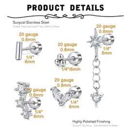 MODRSA Flat Back Earrings Silver Cartilage Earring Flatback Screw Back Forward Helix Tragus Earring Sets for Multiple Piercing Stacks Gold Plated Trendy Dainty Earrings Hoops Studs for Women