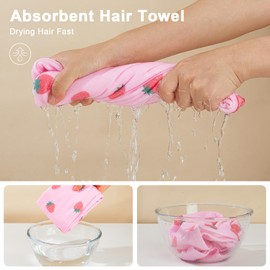 Unicorn Castle Microfiber Hair Towel for Kids 2Pack Hair Wrap Towels Absorbent Hair Drying Towel Wrap Hair Turbans for Curly Thick Hair, Pink White Strawberry