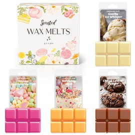 WAXCANPY Wax Melts, Scented Soy Wax Melts, Natural Soy Wax Cubes - 4 Scents: Vanilla Ice Whisper,Birthday Wish,Dreamy Marshmallow Puff,Choco Cookie Delight (4 x 2.5 oz)