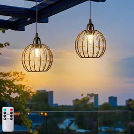 TWINKVILLA Hanging Pendant Lights, Battery Operated Outdoor Chandelier with Warm White LED Bulb for Patio Tree Pergola Gazebo Porch (Beaded Ball-G50-2PK)