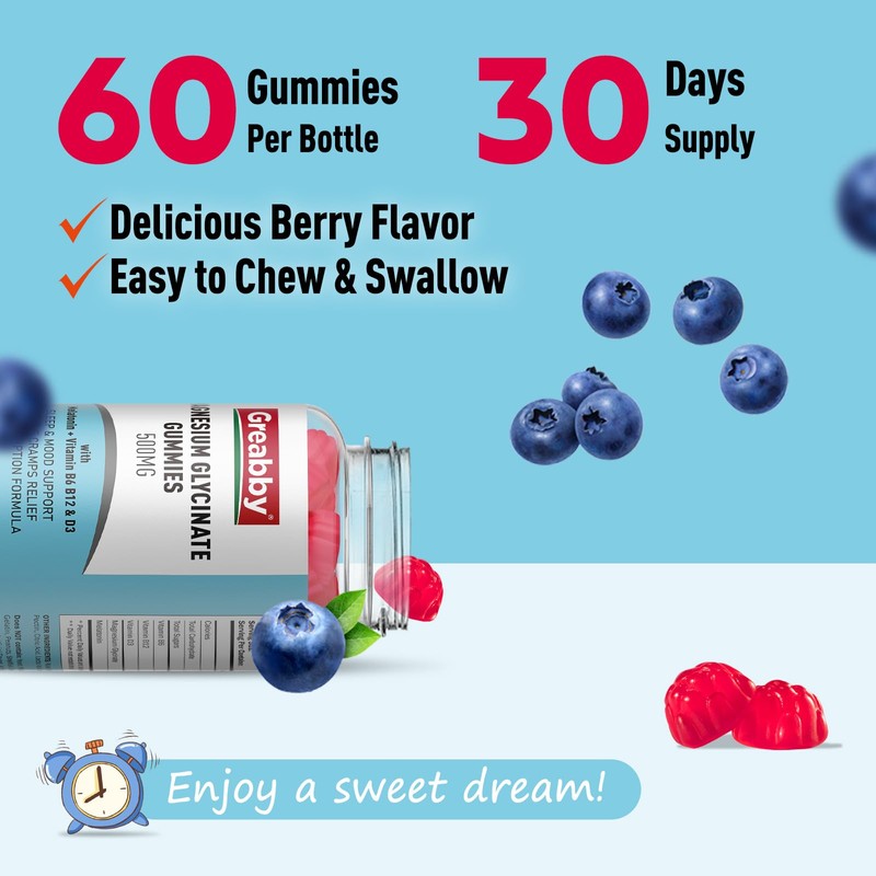 Greabby Magnesium Glycinate Gummies 500mg for Adults Sleep Support, Chewable
