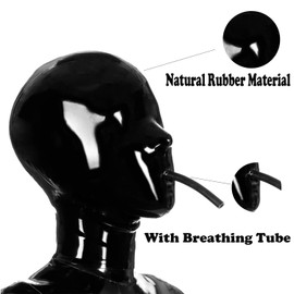 Kangxinsheng Black Latex Hood Mouth with Breathing Tube, Natural Rubber Mask with Zip Back, Suitable for Latex Cosplay Costumes M