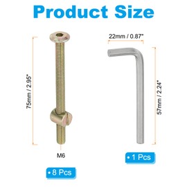 PATIKIL M6 x 75mm Bunk Bed Bolts, 8 Pack Hex Drive Socket Cap Barrel Screws Bolt Nuts Assortment Kit with 1Pcs Wrench for Furniture Bed, Zinc Color