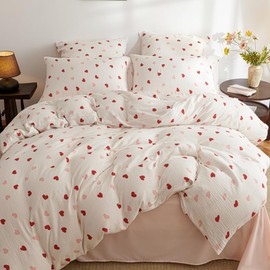 Lanqinglv Muslin Bed Linen 155 x 220 cm Cotton - Pink Red White Hearts Cotton Bed Linen Set Cuddly Bedding Sets Hearts Oeko-Tex Duvet Cover and 1 Pillowcase 80 x 80 cm