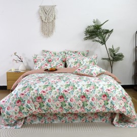 FADFAY Duvet Cover Set Full Pink Rose Floral Bedding French Country Peony Flower Quilt Cover Set Vintage Farmhouse Bedding 100% Cotton Soft Comforter Cover with Hidden Zipper Closure 3Pcs, Full Size