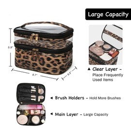 imerelez Double-Layer Cosmetic Bag Makeup Bag Toiletry Bag Large Travel Makeup Pouch Organizer Bag for Girls Women, Portable Waterproof Foldable, Leopard,