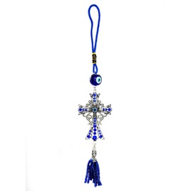 Luckboostium Evil Eye Cross Charm Pendant For Good Luck And Protection, Comes With Traditional Blue And White Colors With Matching Tassels And Durable Cord For Hanging In Cars Or On Walls And Bags