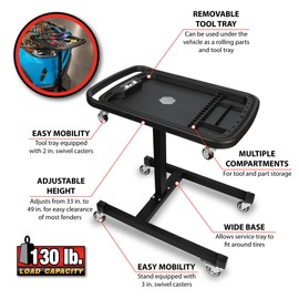 Performance Tool W85039 2-in-1 Adjustable Mobile Tool Table - Swivel Casters, Removable Magnetic Tool Tray, Steel, Black